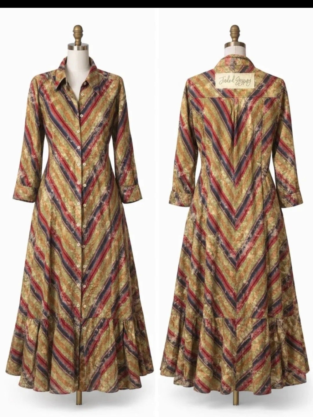 Jaded Gypsy Chevron-Stripe Maxi Coat Dress in Tan & Red  Sz L/XL